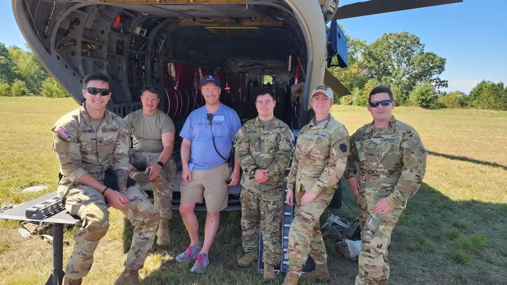 pilots in front of helicopter
